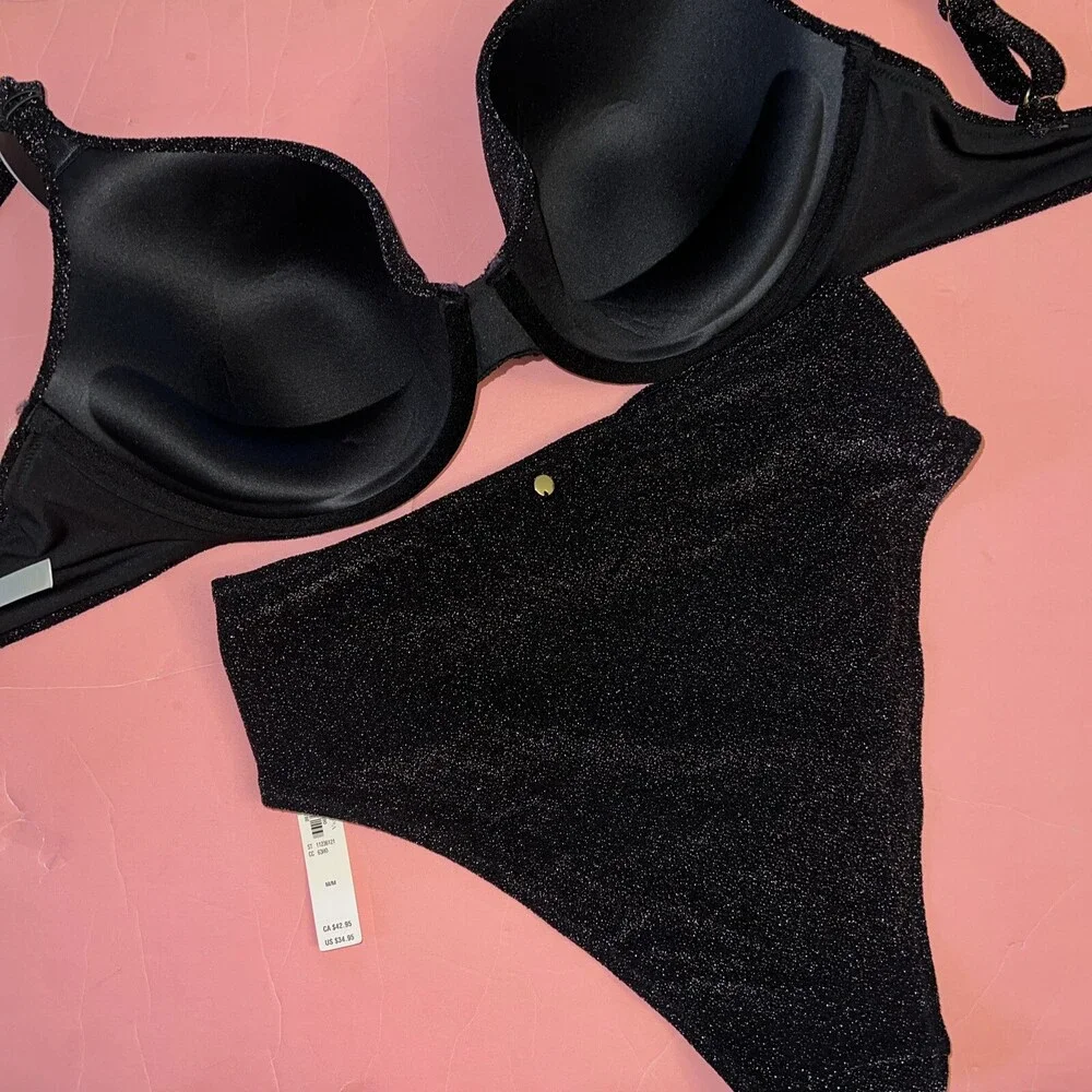 Victoria's Secret 34DD BIKINI M,L High-waist bottom BLACK gold brown SHIMMERY